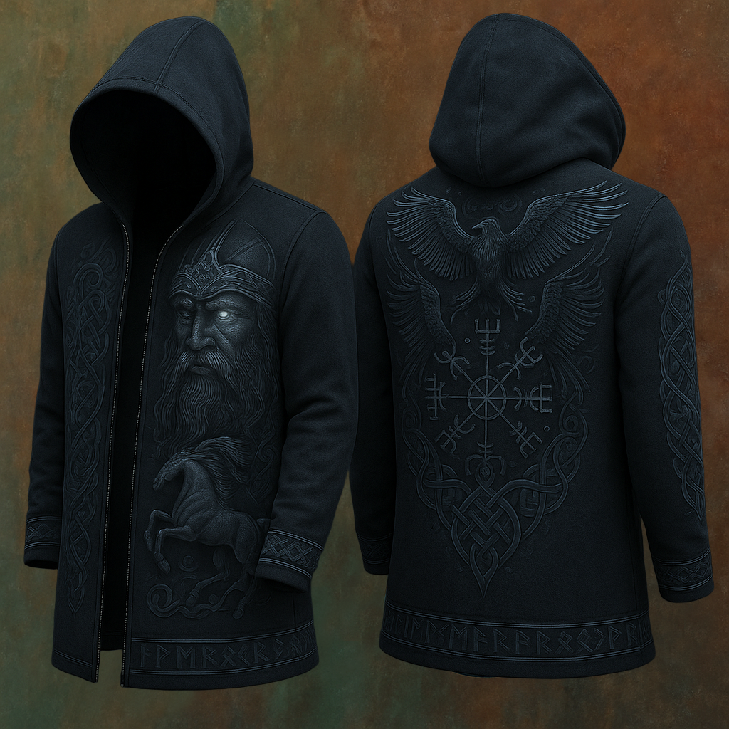 Men's Viking Tribal Runes Odin Raven Vintage Totem Hooded Jacket / Rvogue / Rvogue