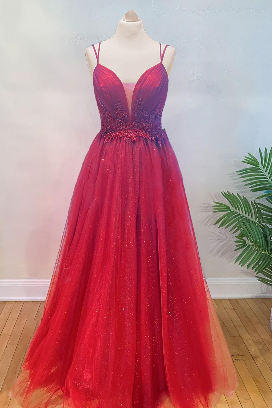 Ovlias Breathtaking Burgundy Spaghetti Strap Applique Sequins Layered Prom Dress LY0506