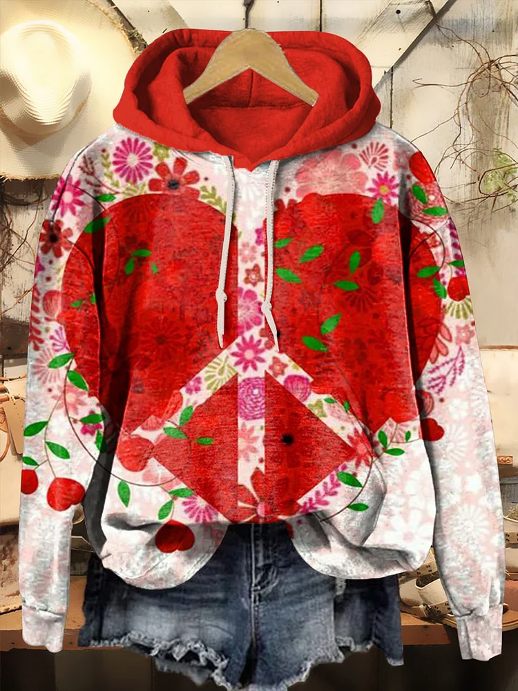 Valentine's Day Peace Print Casual Hoodie Sweatshirt