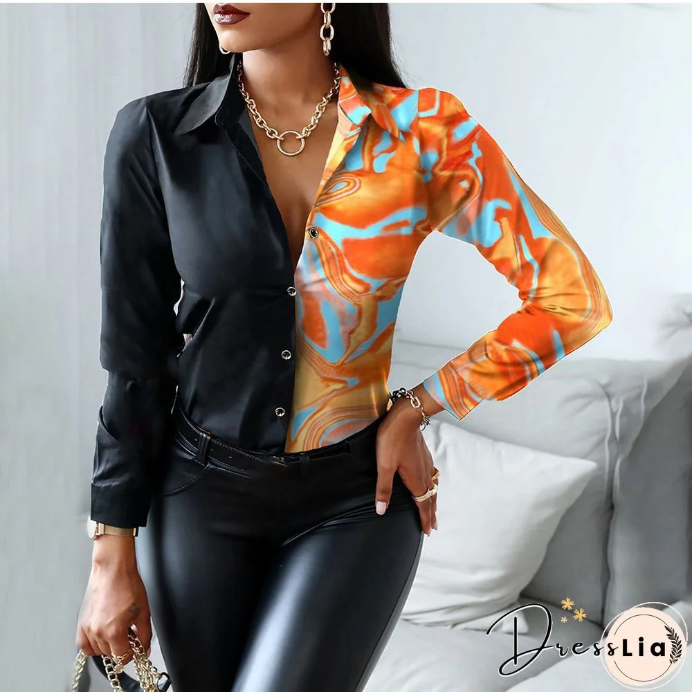 Autumn Women Black Floral Print Top Shirt Fashion Casual Long Sleeve Turn-down Collar Tops Shirts New Elegant Slim Button Shirts