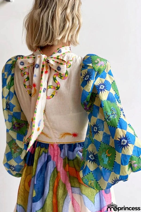 Dear To My Heart Unique Print Lantern Sleeve A-line Midi Dress