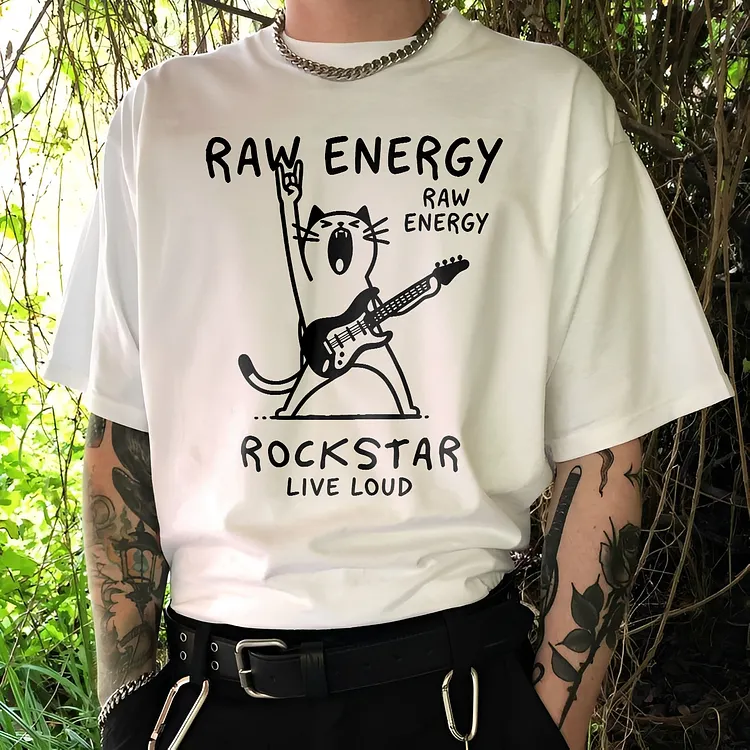 Raw Energy Rockstar Cat Playing Guitar Live Loud Printed Men's T-shirt