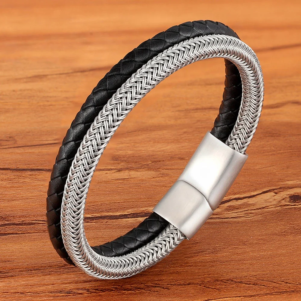 Christmas Gift Classic Style Leather With Stainless Steel Stitching Combination Men's Bracelet Black/Steel Buckle Party Accessories Gift