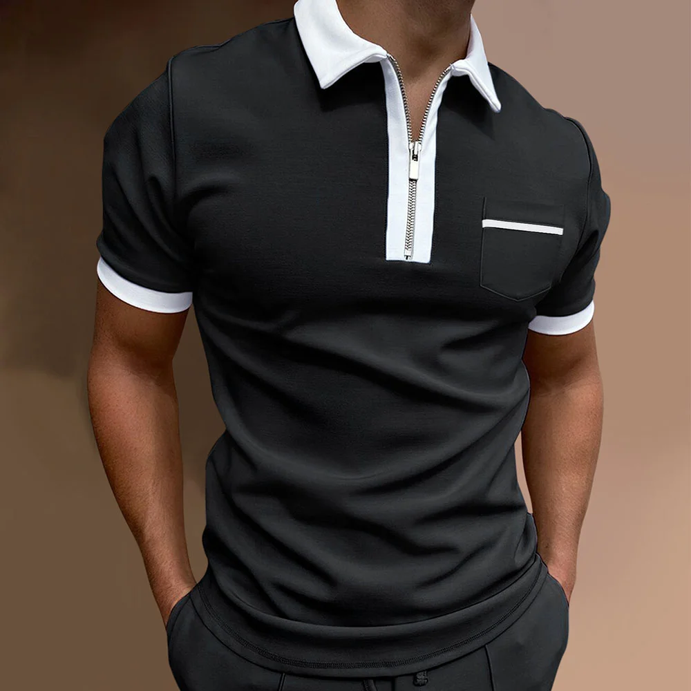 Smiledeer Fashion men's color block zip collar short sleeve polo shirt