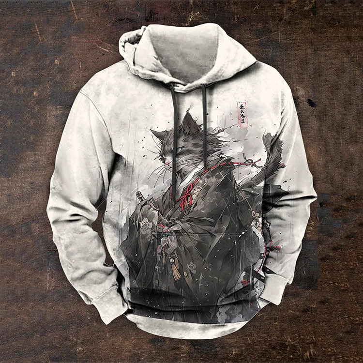 Men's Japan Cat Kimono Samurai Ink Art Pattern Print Hoodie