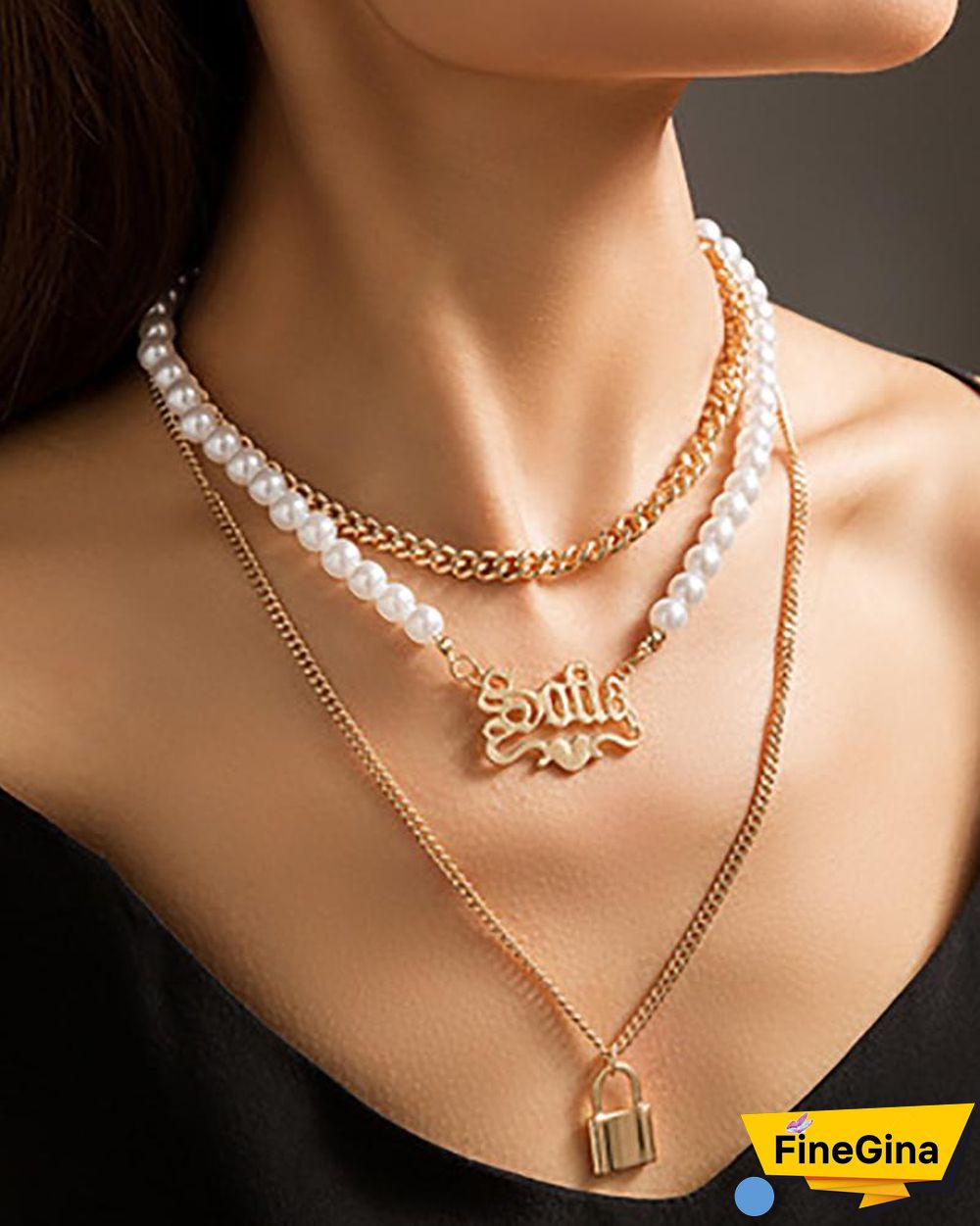 3PCS Letter & Lock Pendant Beaded Chain Necklace