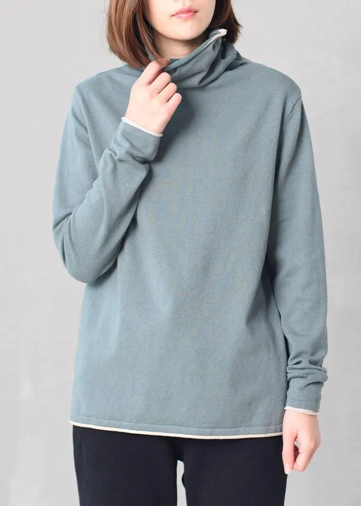 Cute Long Sleeve Knit Tops Plus Size High Neck Sweater Blue