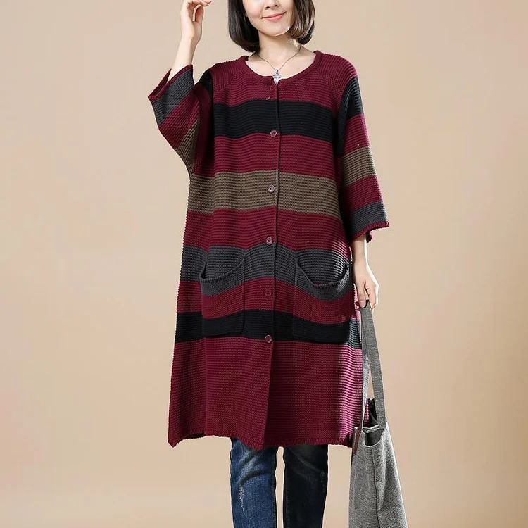 Burbundy strip plus size knit sweaters dress