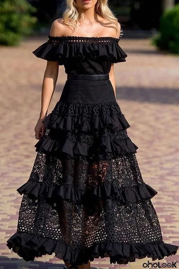 Black Patchwork Lace Cut Out Trendy Boat Neck Elegant Maxi Dress