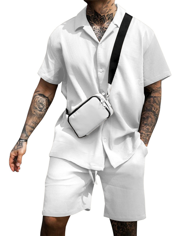 Mature Men's Casual Comfortable Button Lapel Short Sleeve Shirts Shorts Two Piece Set Suit