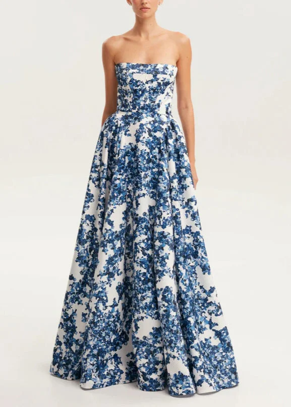 Elegant Blue Strapless Print Cotton Long Dress Sleeveless