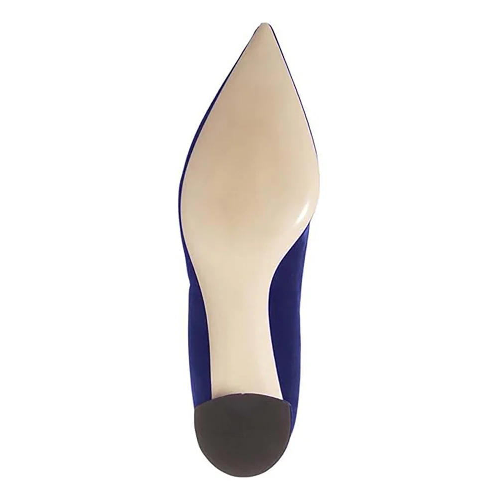 Blue Velvet Pointed Toe Rhinestone Embellished Pumps with Chunky Heel