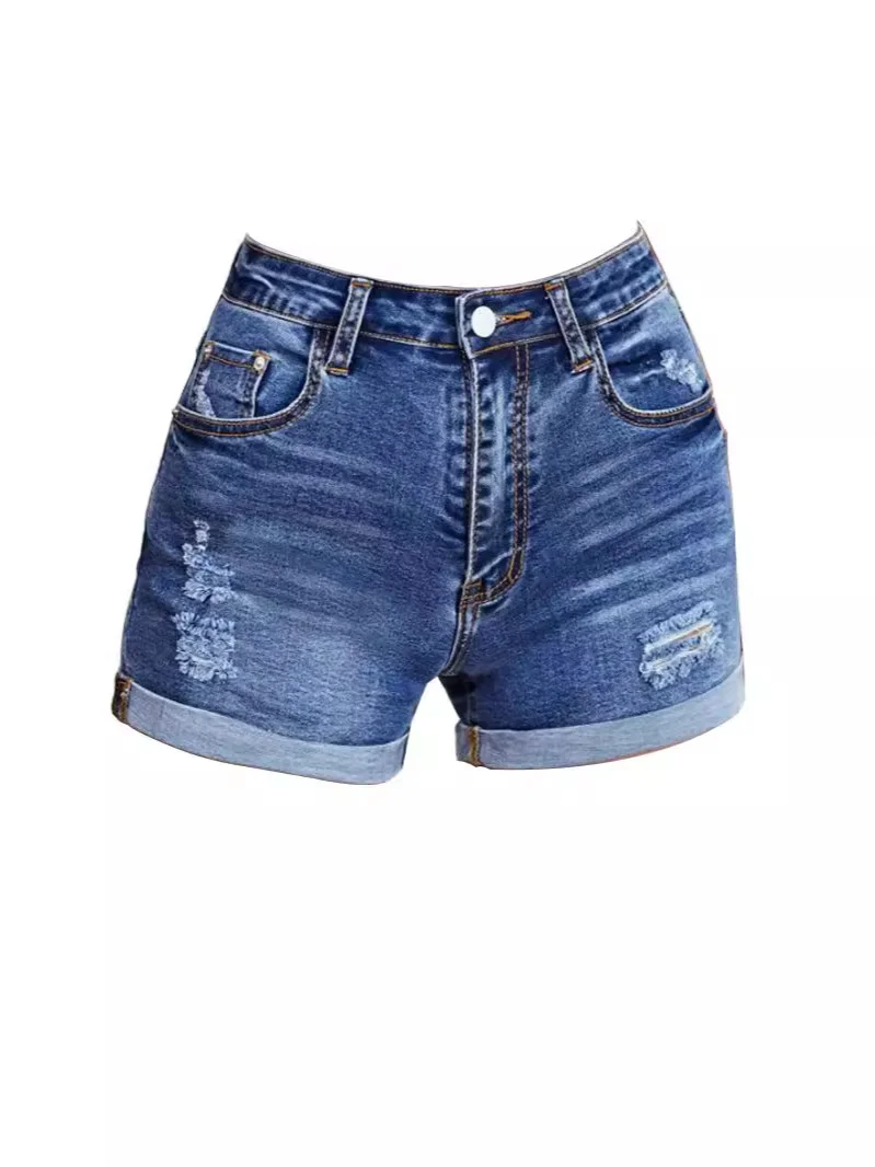 Woherb Broken Hole Flip Edge Stretch Denim Shorts Woman-Outfit Ideas