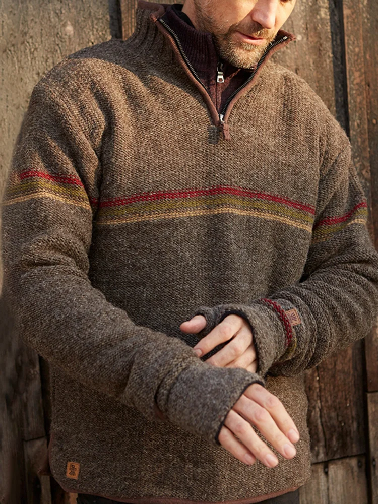 Vintage Warmth Chest Stripes Knit Jacquard Icelandic Half Zip Collar Sweater（Unisex ）