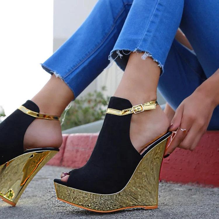 Black Peep Toe Slingback Platform Wedge Sandals |FSJ Shoes