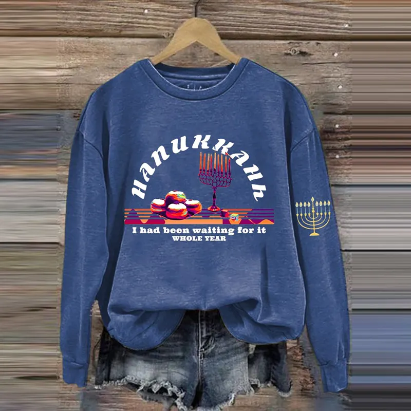 Women's Hanukkah Print Crew Neck Casual Sweatshirt