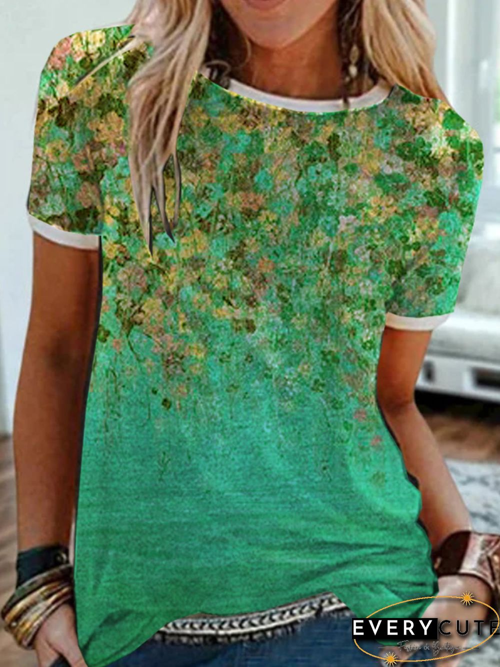 Floral Short Sleeve Printed Cotton-blend Crew Neck Casual Summer Green Top