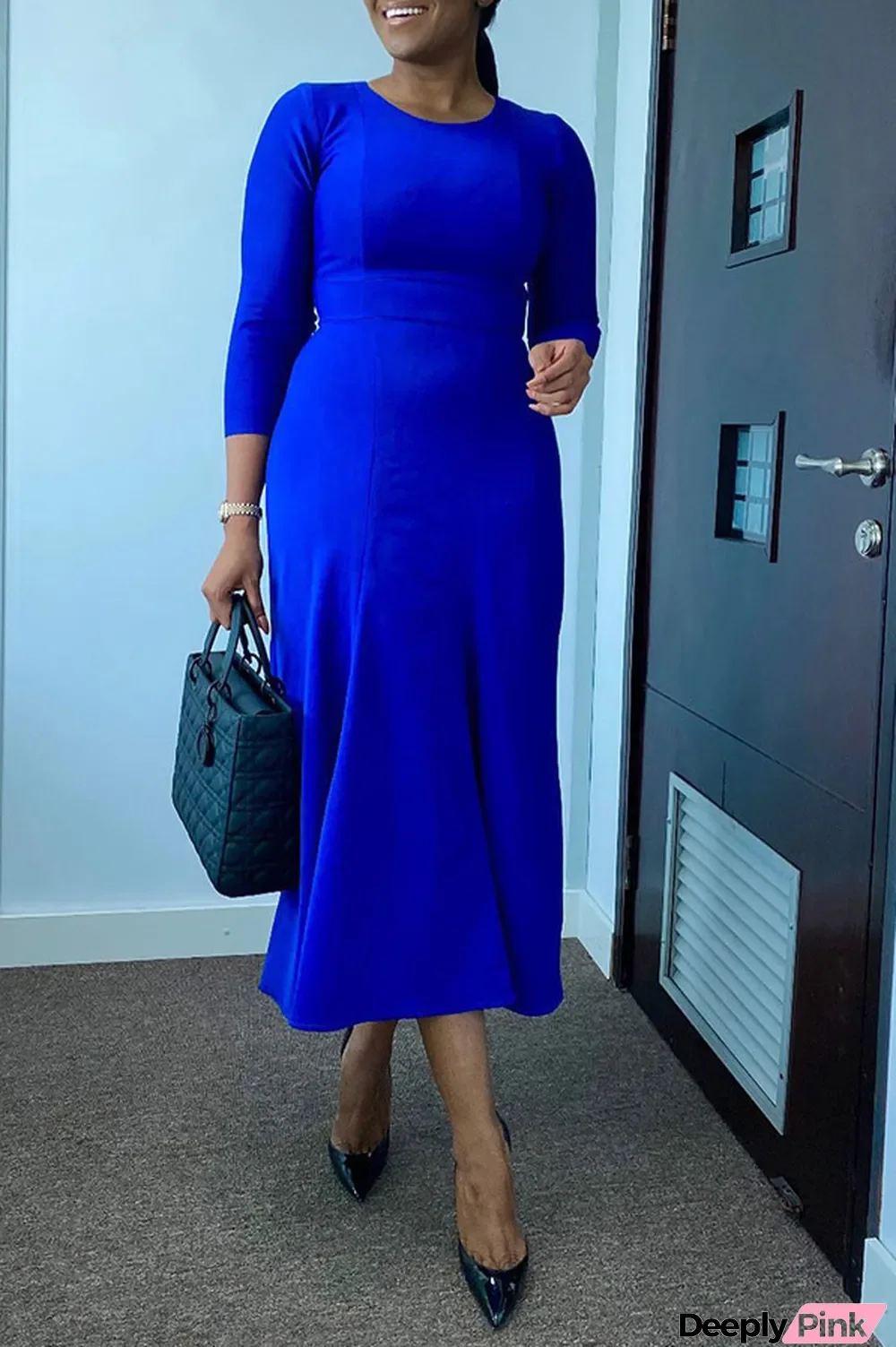 Womens Spring Solid Round Neck Zip Back Midi Dress