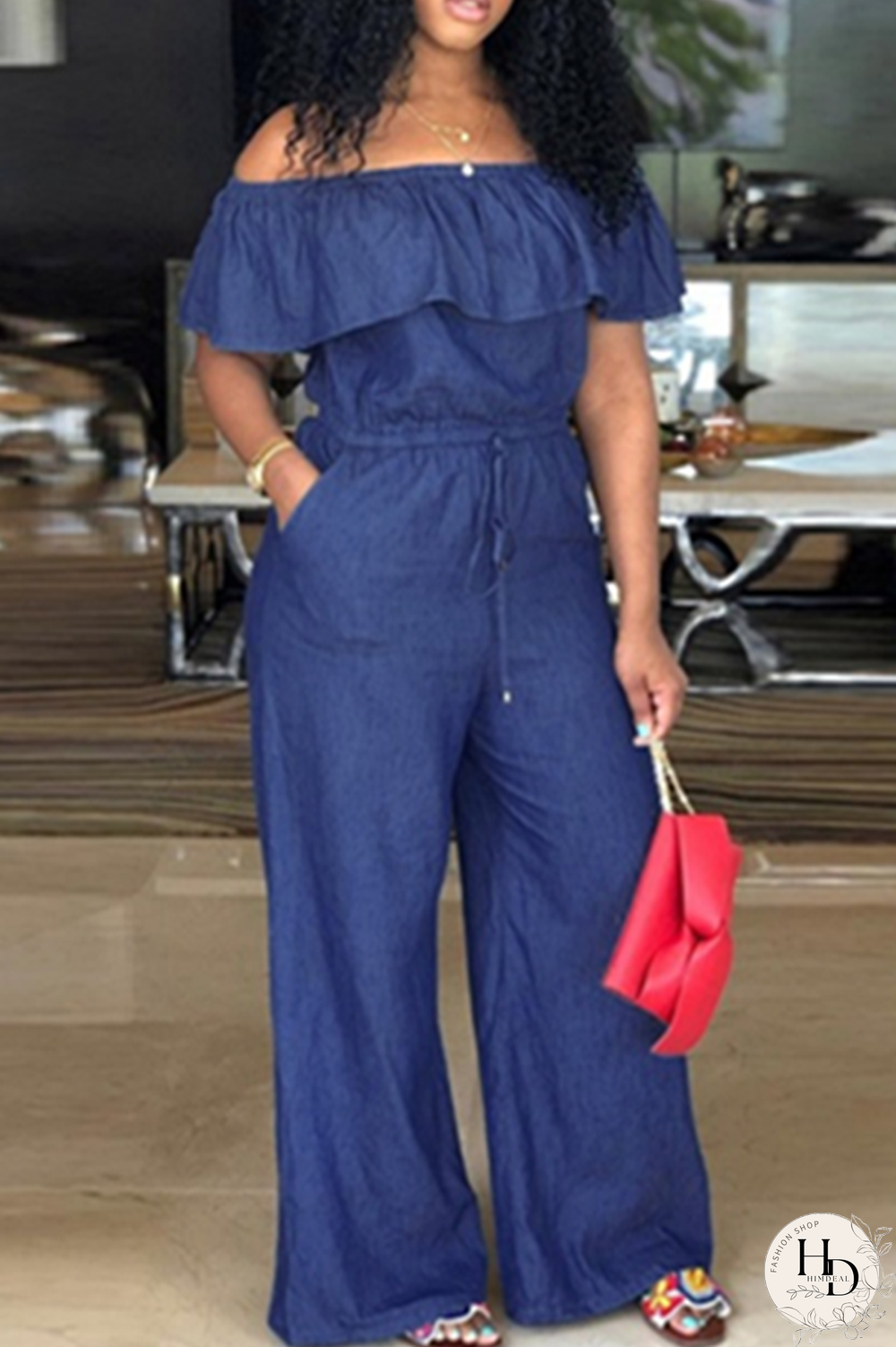 Lake Blue Sexy Solid Flounce Off the Shoulder Loose Jumpsuits