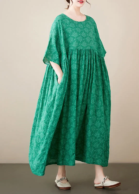 Green Patchwork Wrinkled Cozy Cotton Maxi Dresses Summer