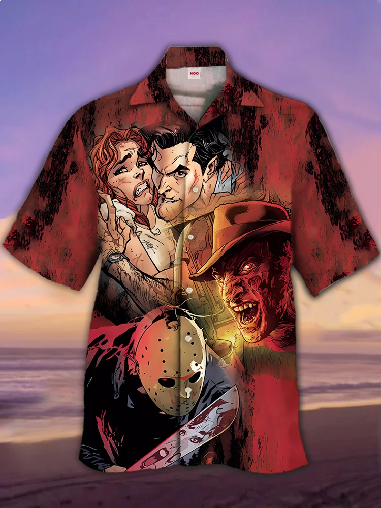 Eye-Catching Classic Horror Characters Comic Style Poster Printing Cuban Collar Hawaiian Short Sleeve Shirt BestDVibe