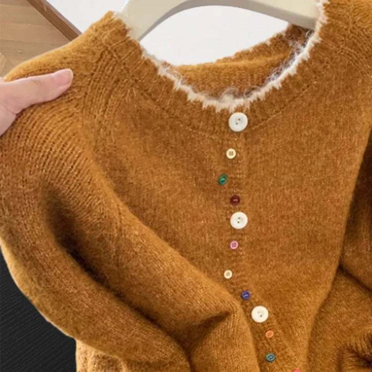 Athvotar Athvotar Retro Wavy Collar Color Button Design Knitted Cardigan Women Loose Soft-Creative Sweater Jacket Autumn