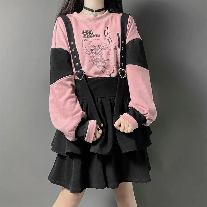 White/Pink "Pink Savior" Harajuku Outfit Sweatshirt Two Piece Overalls Skirt SS1222