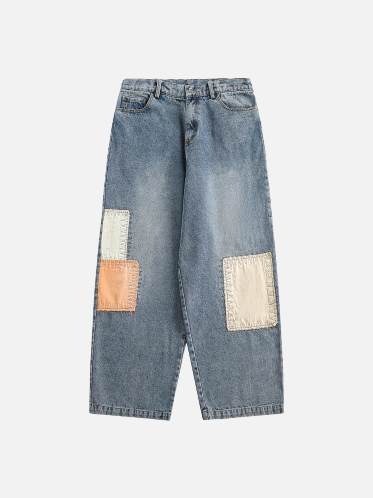 Blue Vintage Block Patchwork Washed Baggy Jeans Front