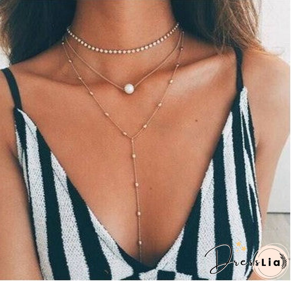 Silver Diamond Pendant Necklace Layered Long Necklace Pearl Choker