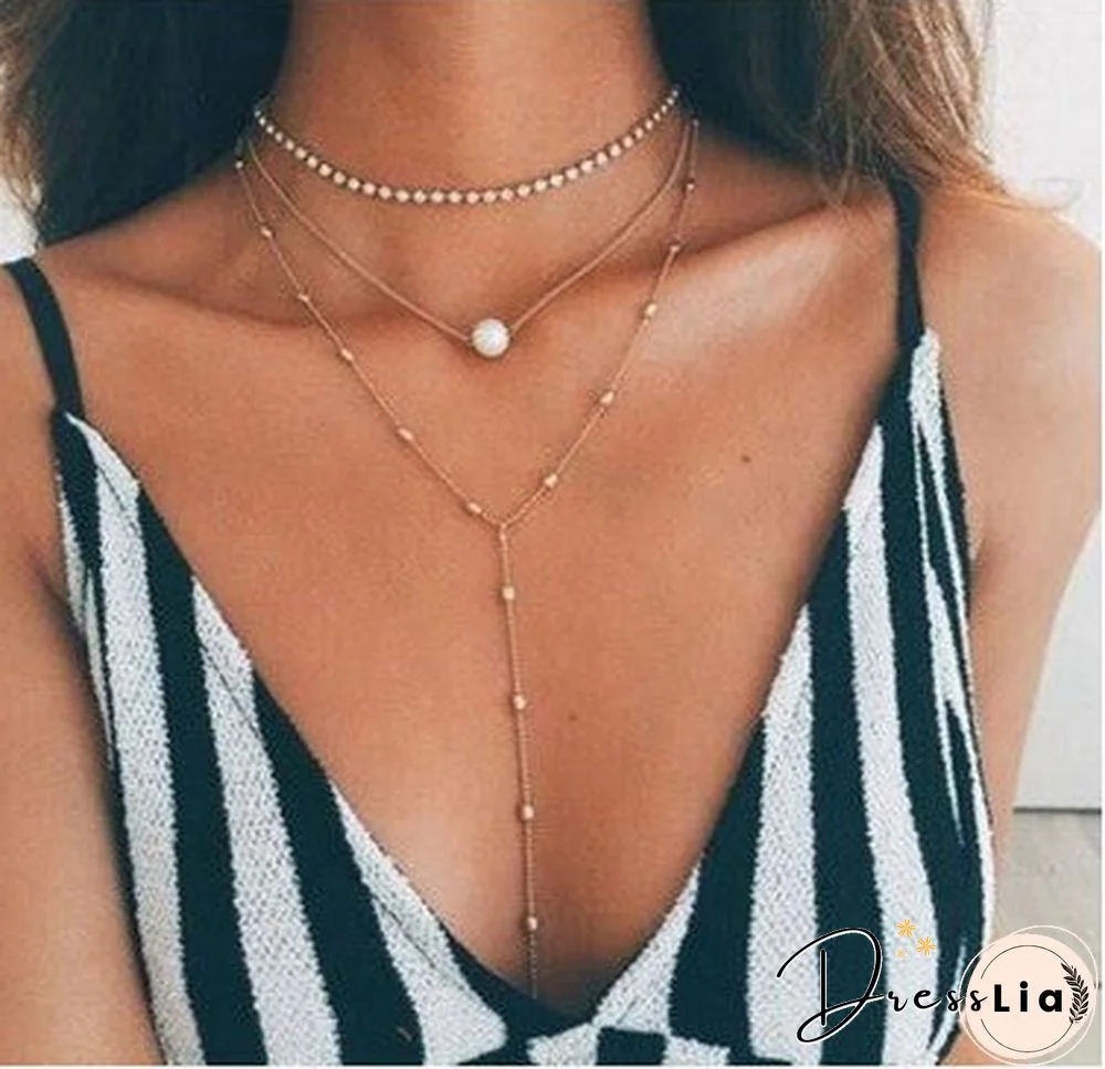 Silver Diamond Pendant Necklace Layered Long Necklace Pearl Choker