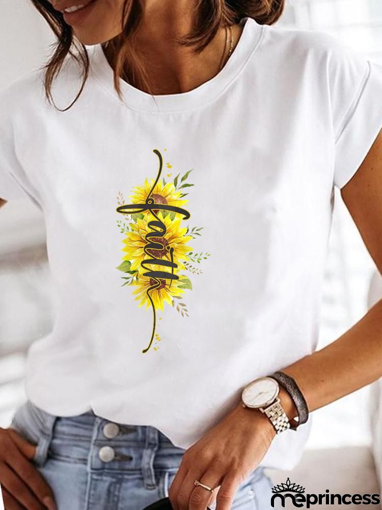 Women Fashion Base Letter Sunflower Cross Print Round Neck Short Sleeve T-Shirt