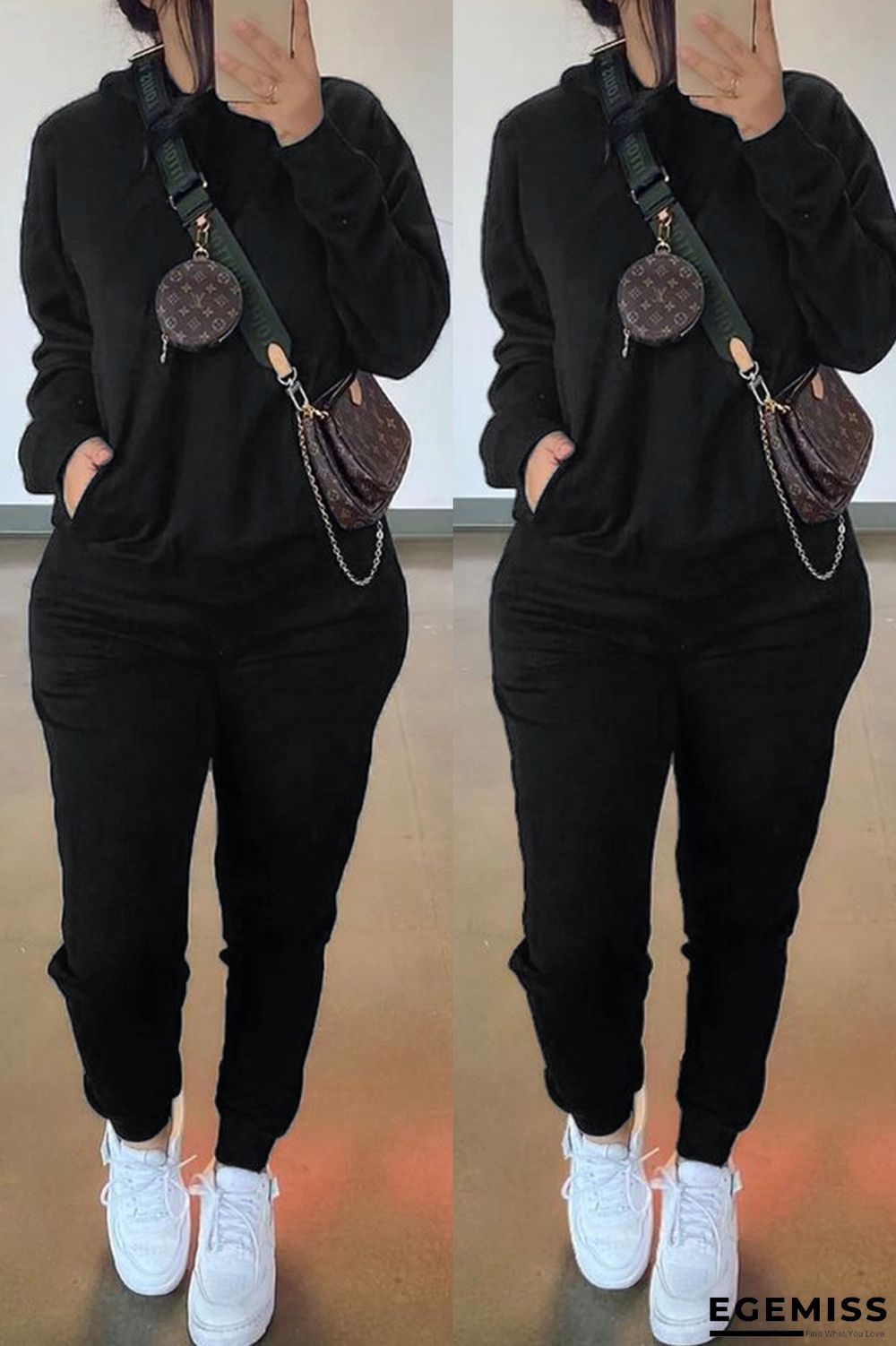 Black Fashion Casual Solid Basic Hooded Collar Long Sleeve Two Pieces | EGEMISS