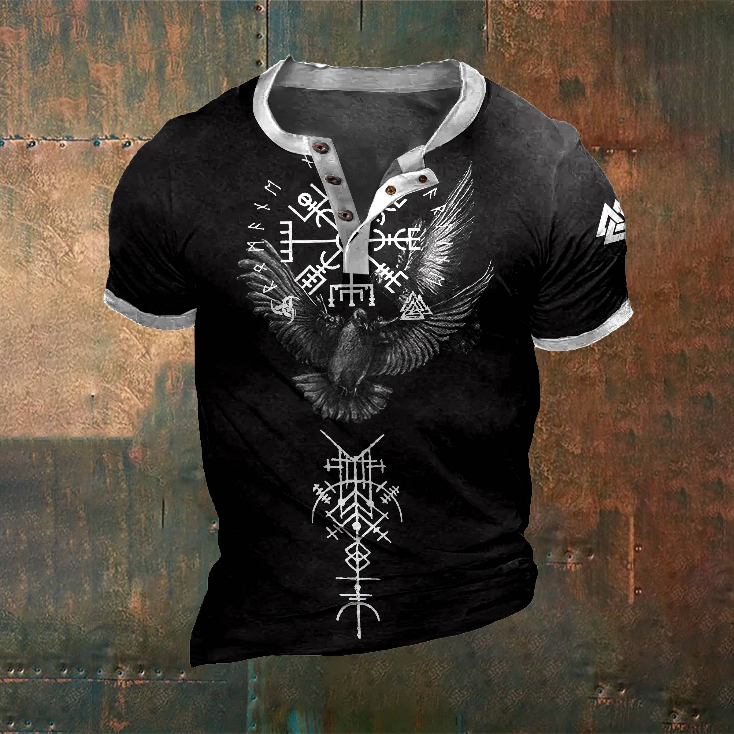 Men's Tribal Viking Bird Graphics Contrast Henley Collar T-Shirt / Rvogue / Rvogue