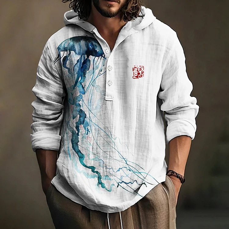 Japanese Art Jellyfish Print Linen Blend Hoodie