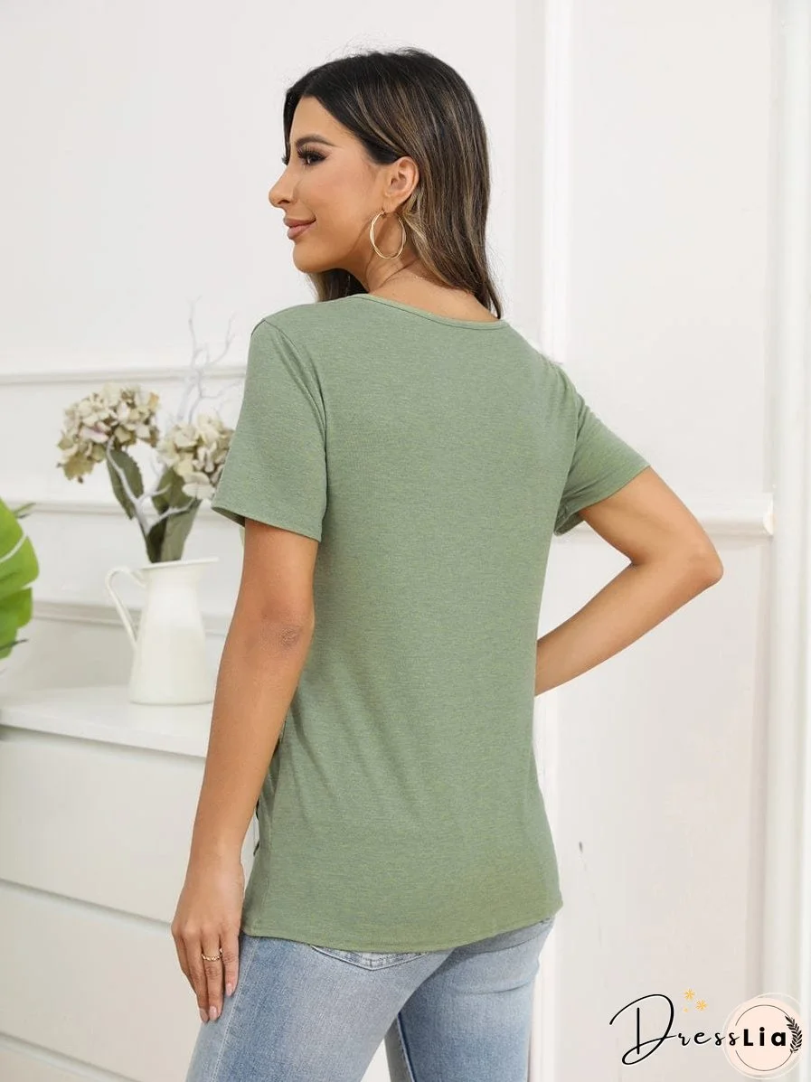 Irregular Button Short Sleeve Round Neck T-Shirt