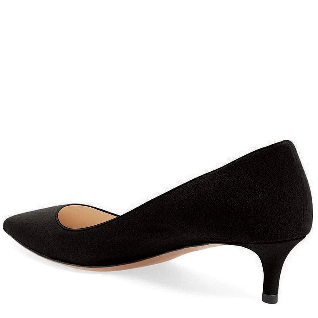 Women's Black Faux Suede Pointed Elegant Pumps with Kitten Heel