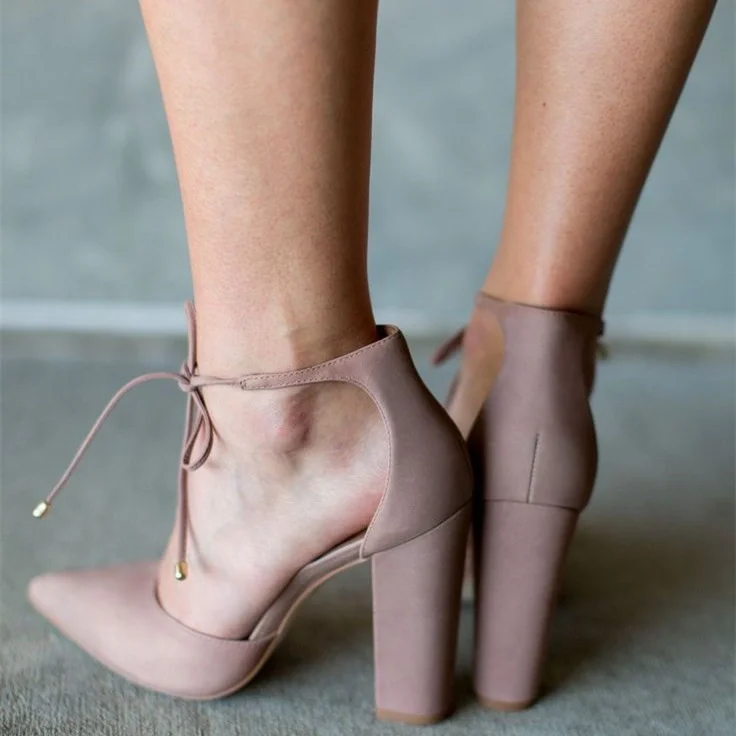 Old Pink Lace up Sandals Closed Toe Chunky Heels for Women |FSJ Shoes