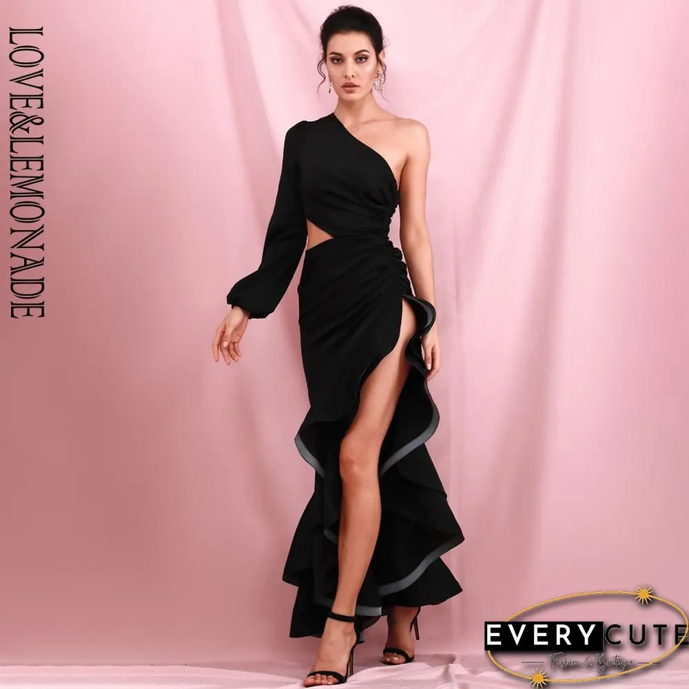 Sexy Black Off-Shoulder Side Whit Split Cut Out Ruffled Long Sleeve Maxi Dress LM82202-1