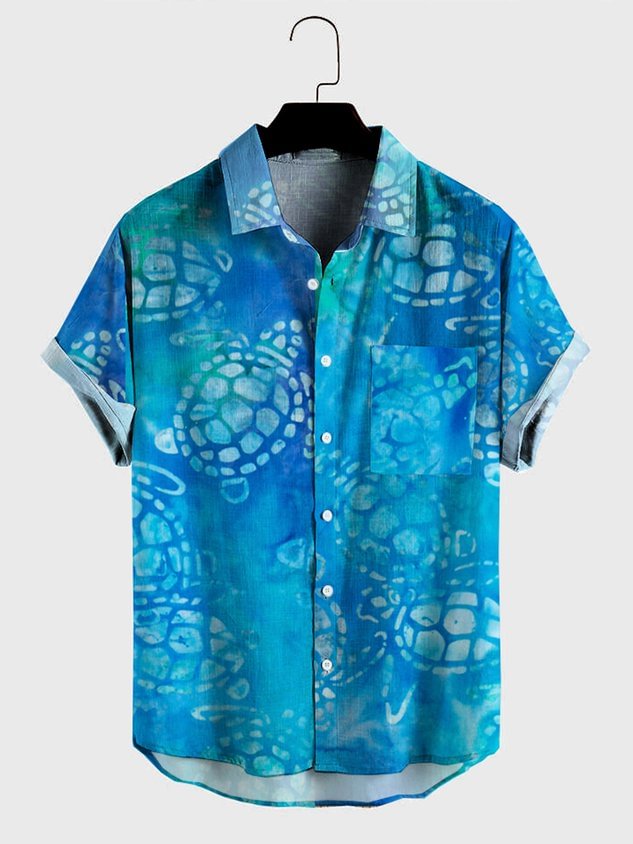 Mens Sea Turtles Print Casual Breathable Chest Pockets Short Sleeve Hawaiian Shirts