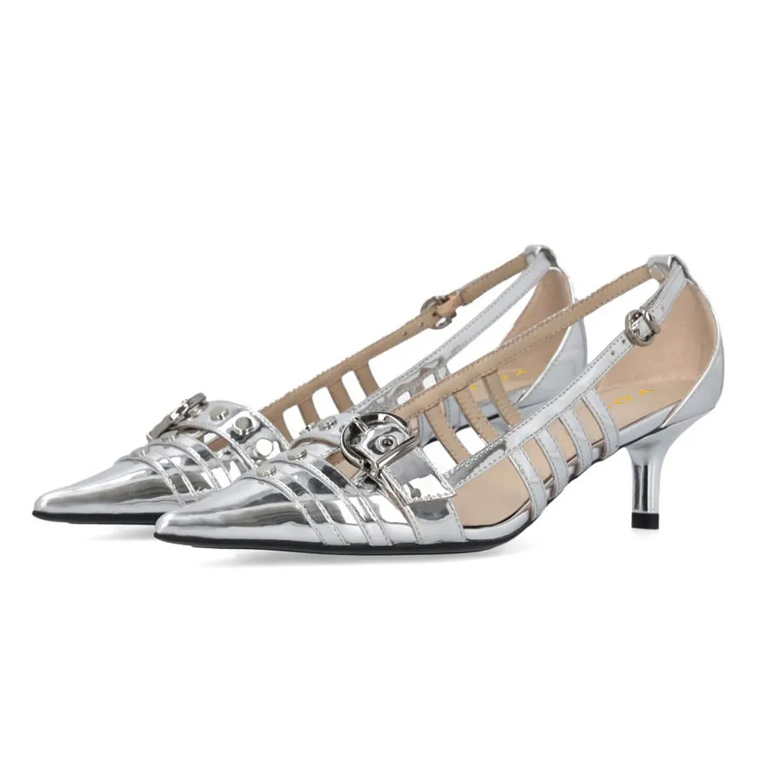 Silver Metallic Finish Pointed Toe Buckle Strap Pumps for Women