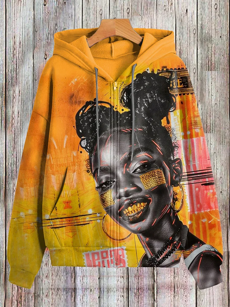 Women's Afro Black Girl Hip Hop Art Print Hooded Zip Up Jacket
