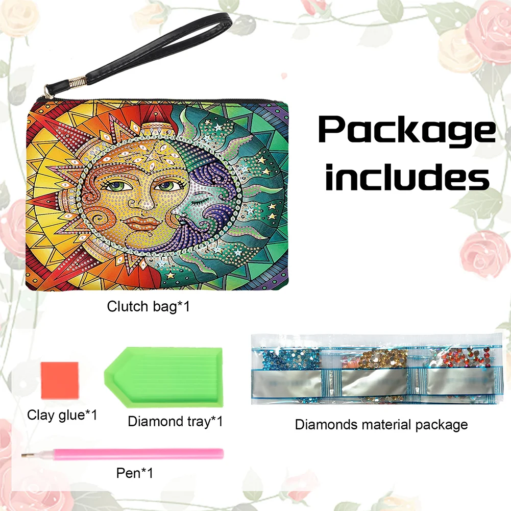 DIY Sun Moon PU Partial Special Shaped Diamond Painting Wallet Makeup Bag