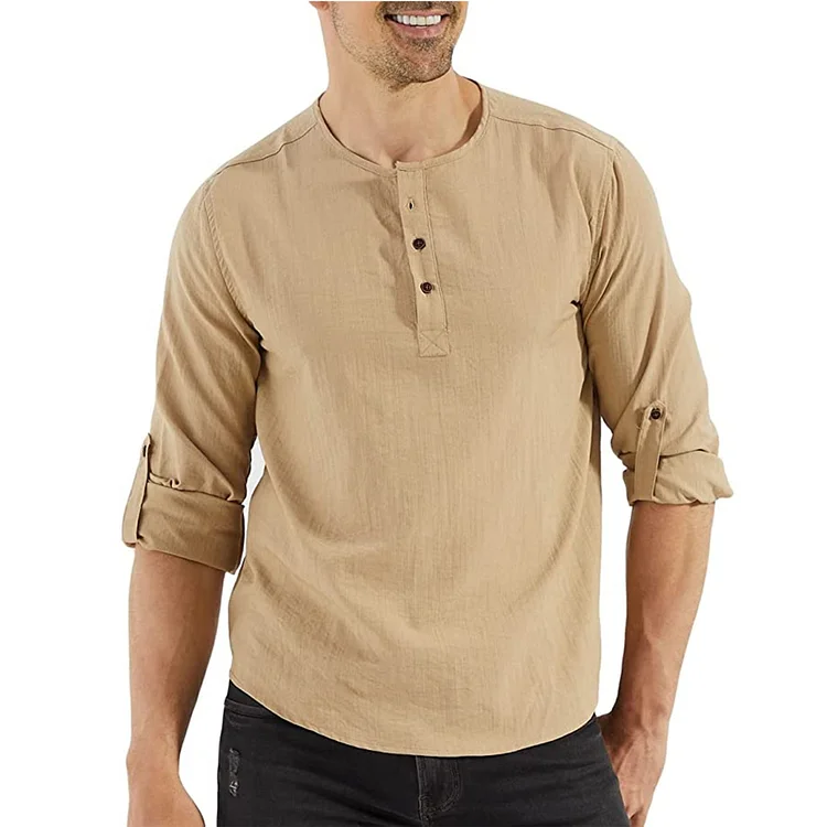 Men'S Casual Cotton And Linen Solid Color Long Sleeved Shirt