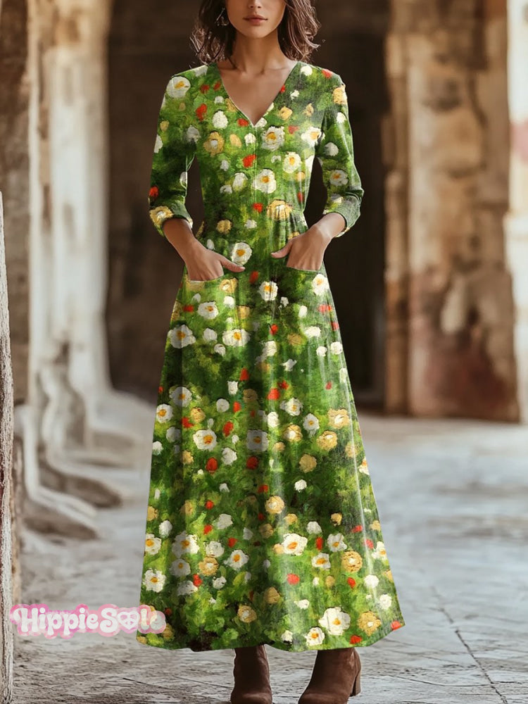 Women’s Vintage Floral Art Print Pocket Cotton Dress Multicolor / S