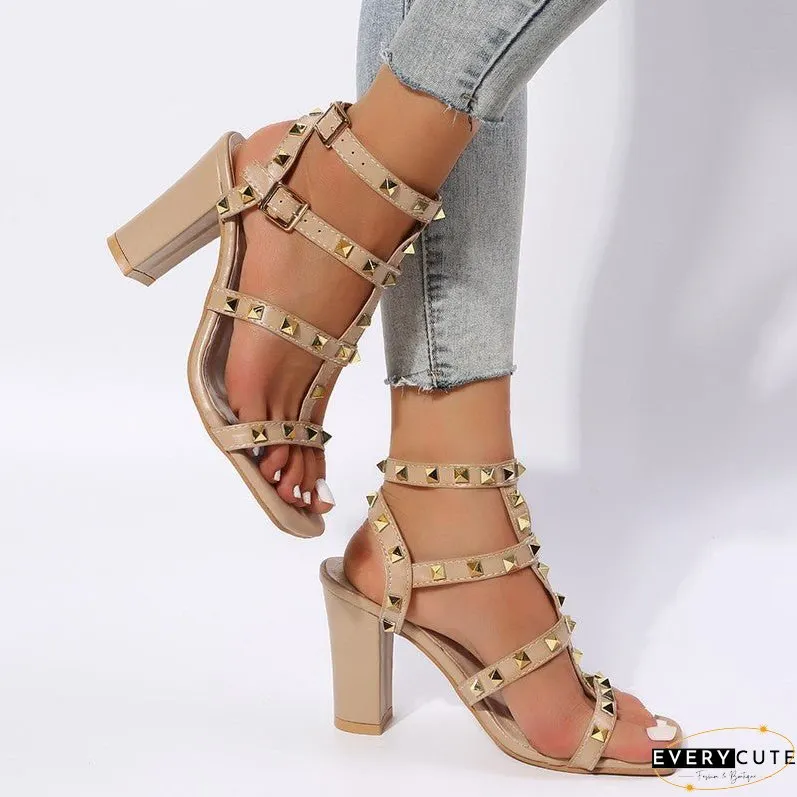 Gladiator High Heels: Women's Rivet Sandals with Buckle Strap and Square Toe