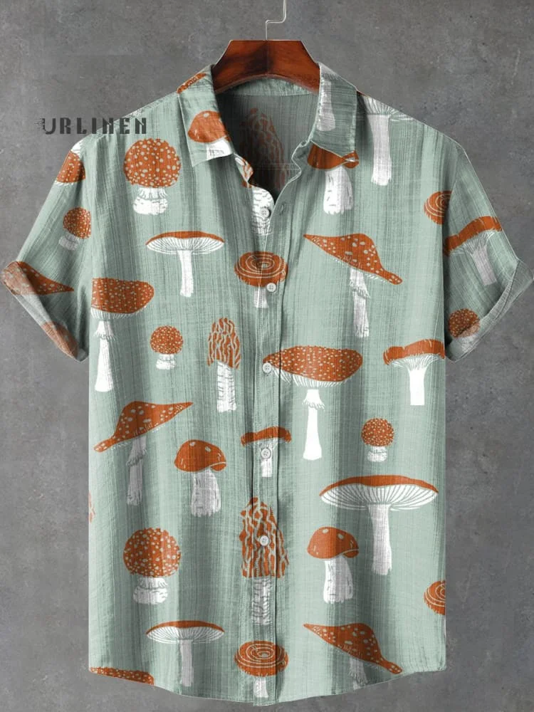 Various Mushrooms Art Print Lapel Casual 100% Cotton Shirt