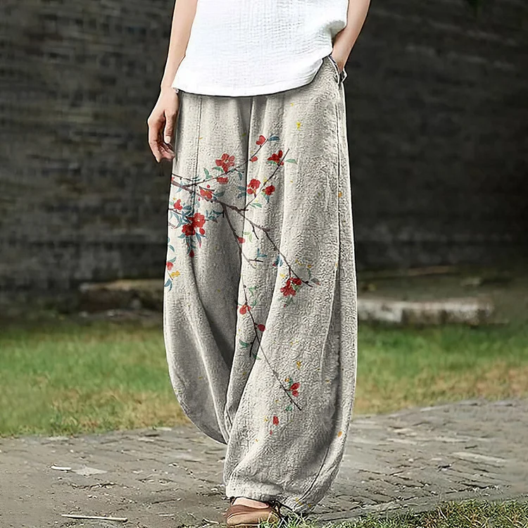 Women's Japanese Floral Art Pocket Casual Pants