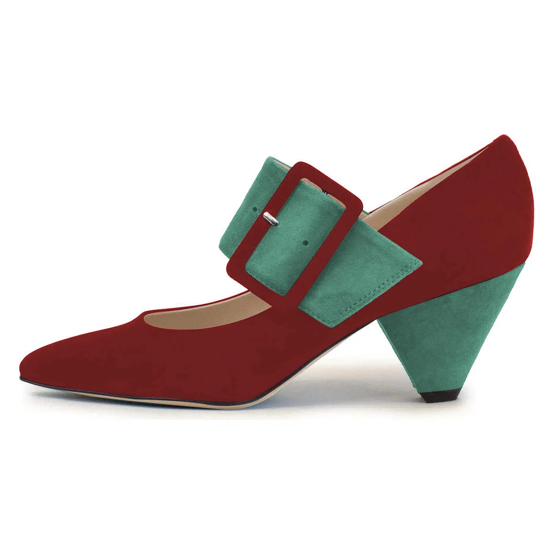 Wine Red Faux Suede Pointed Elegant Pumps with Turquoise Buckle Strap