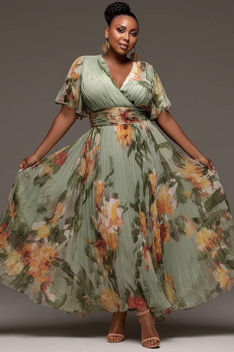Xpluswear Design Plus Size Mother Of The Bride Sage Green Floral Wrap Neck Short Sleeve Pleated Chiffon Maxi Dresses [Pre-Order] 2024 - Xpluswear