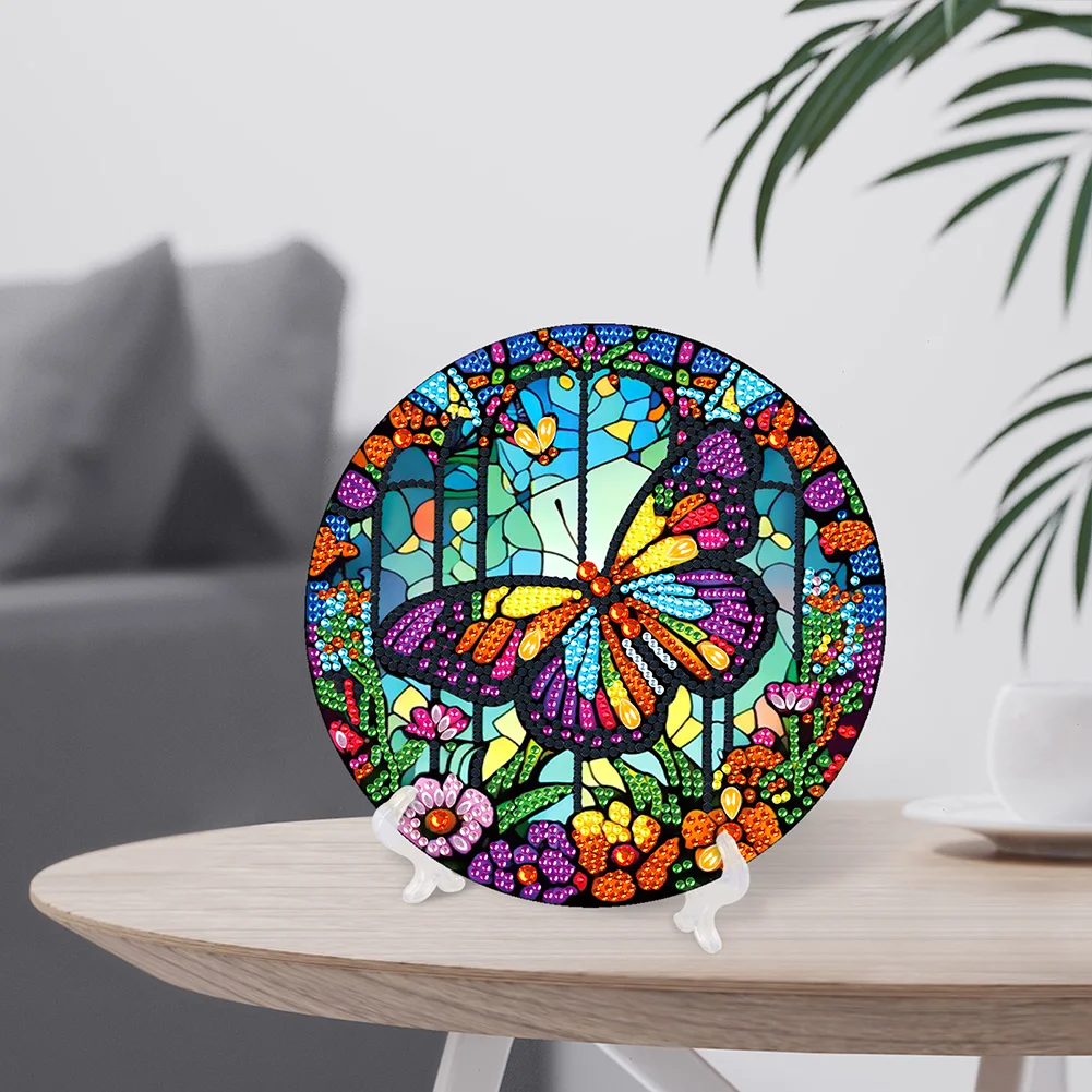DIY Stained Glass Butterfly Diamond Painting Wooden Single Side Crystal Painting Desktop Kit for Home Office Decor